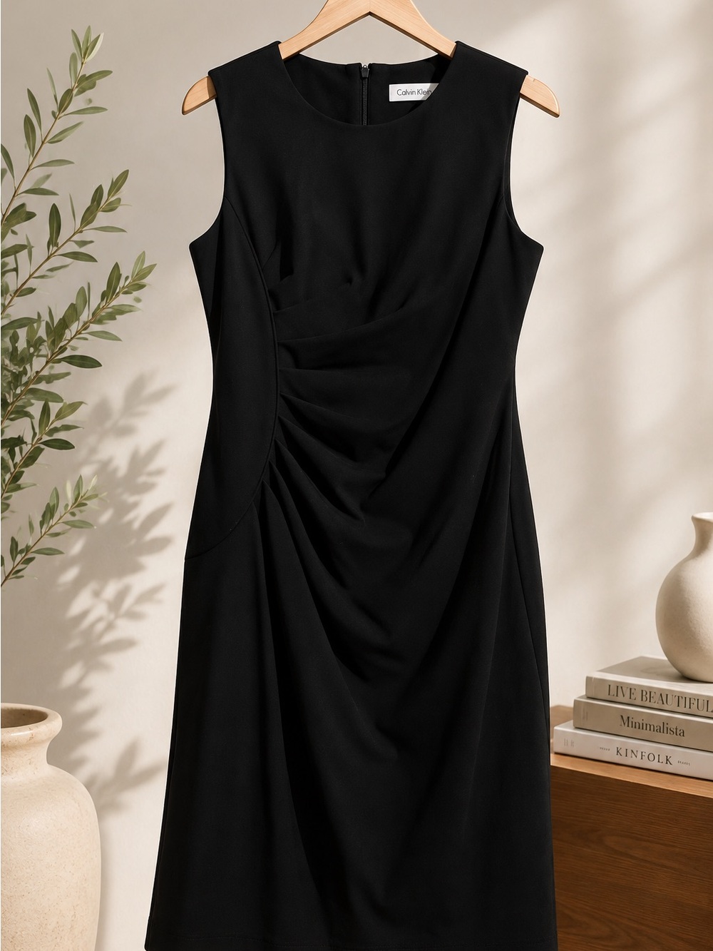 Calvin Klein Black Sleeveless Draped Sheath Dress